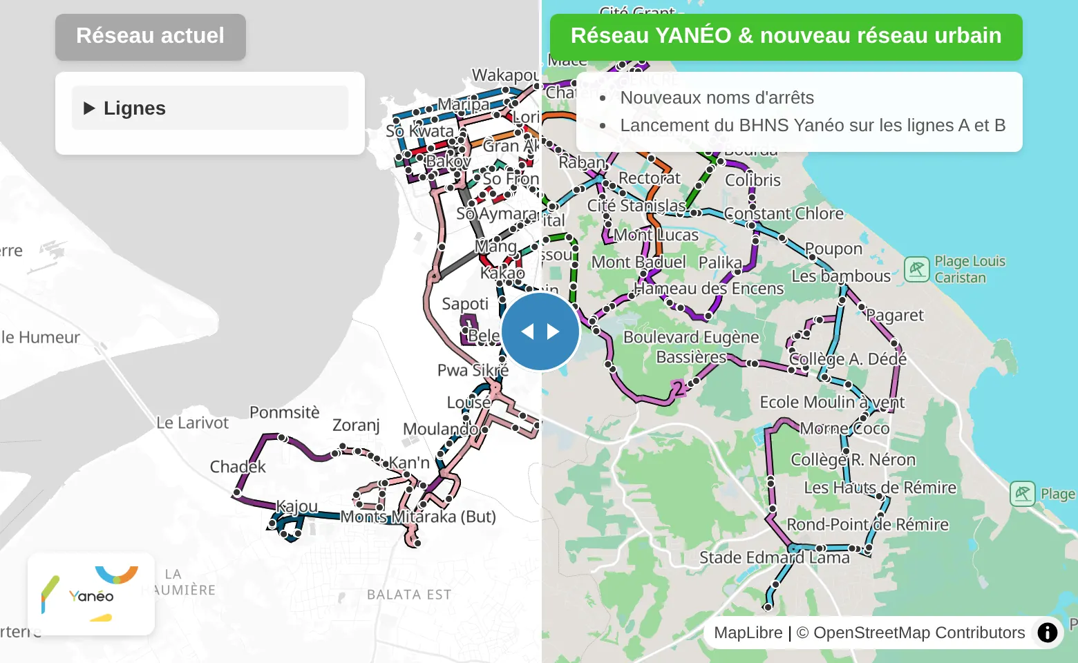Aperçu de la carte interactive ancien / nouveau réseau