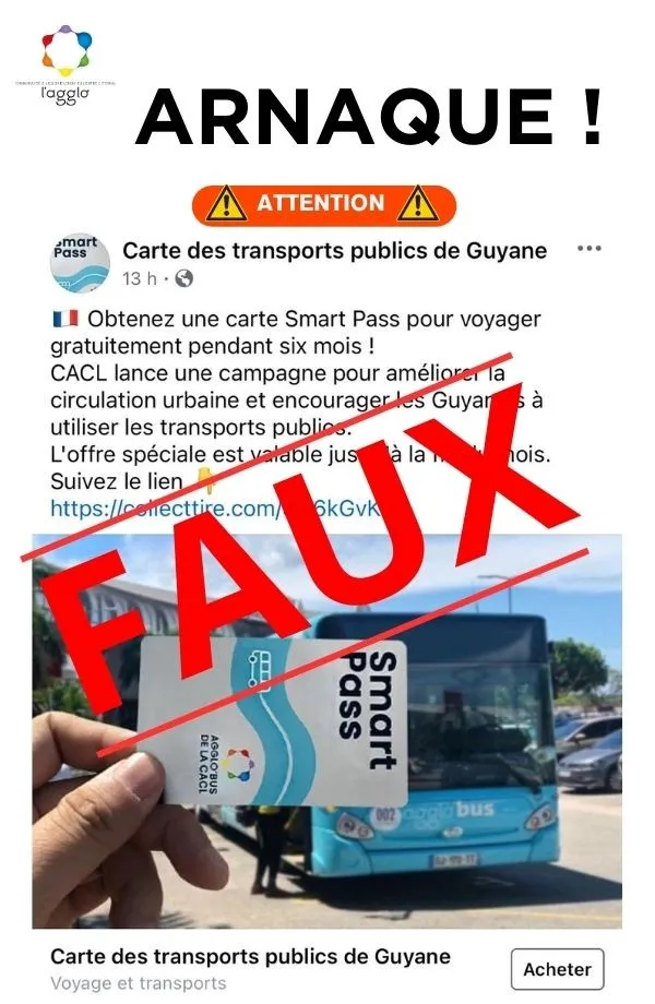 Avertissement de la CACL « Arnaque ! » : capture d’une fausse publication Facebook qui promet une carte Smart Pass gratuite pendant six mois, barrée de la mention « Faux ».