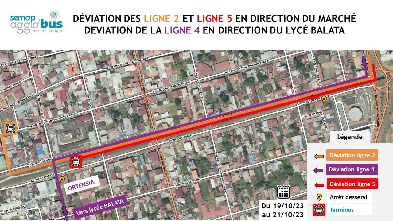 Plan des déviations du 19 au 21 octobre 2023 : lignes 2 et 5 en direction du marché, ligne 4 en direction du lycée Balata par l’avenue de la Liberté, arrêt Ortensia desservi.