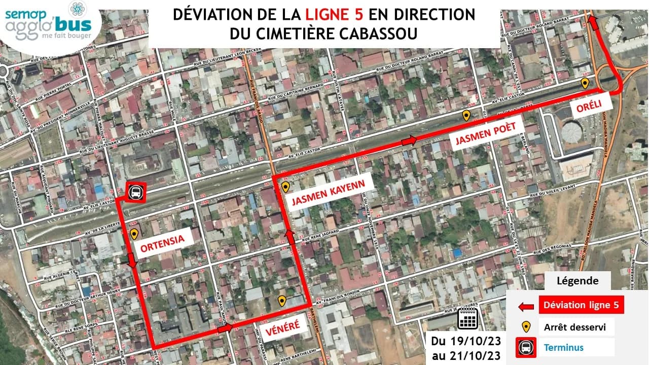 Plan de la déviation de la ligne 5 en direction du cimetière de Cabassou du 19 au 21 octobre 2023 : arrêts Ortensia, Vénéré, Jasmen Kayenn, Jasmen Poèt et Oréli desservis.