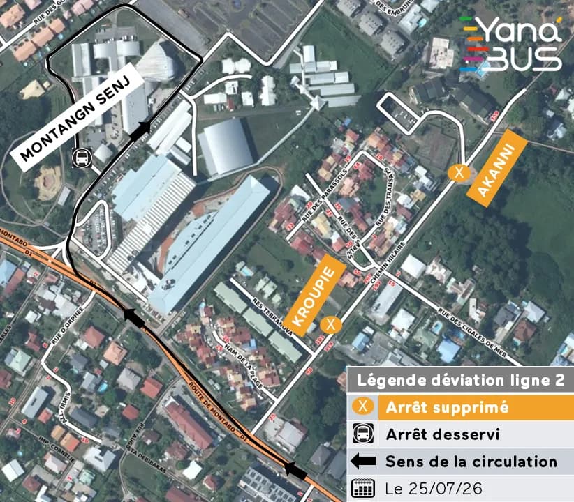 Plan de la déviation de la ligne 2 le 25 juillet 2026 : arrêts Kroupie et Akanni supprimés, terminus reporté à l’arrêt Montangn Senj par la route de Montabo.