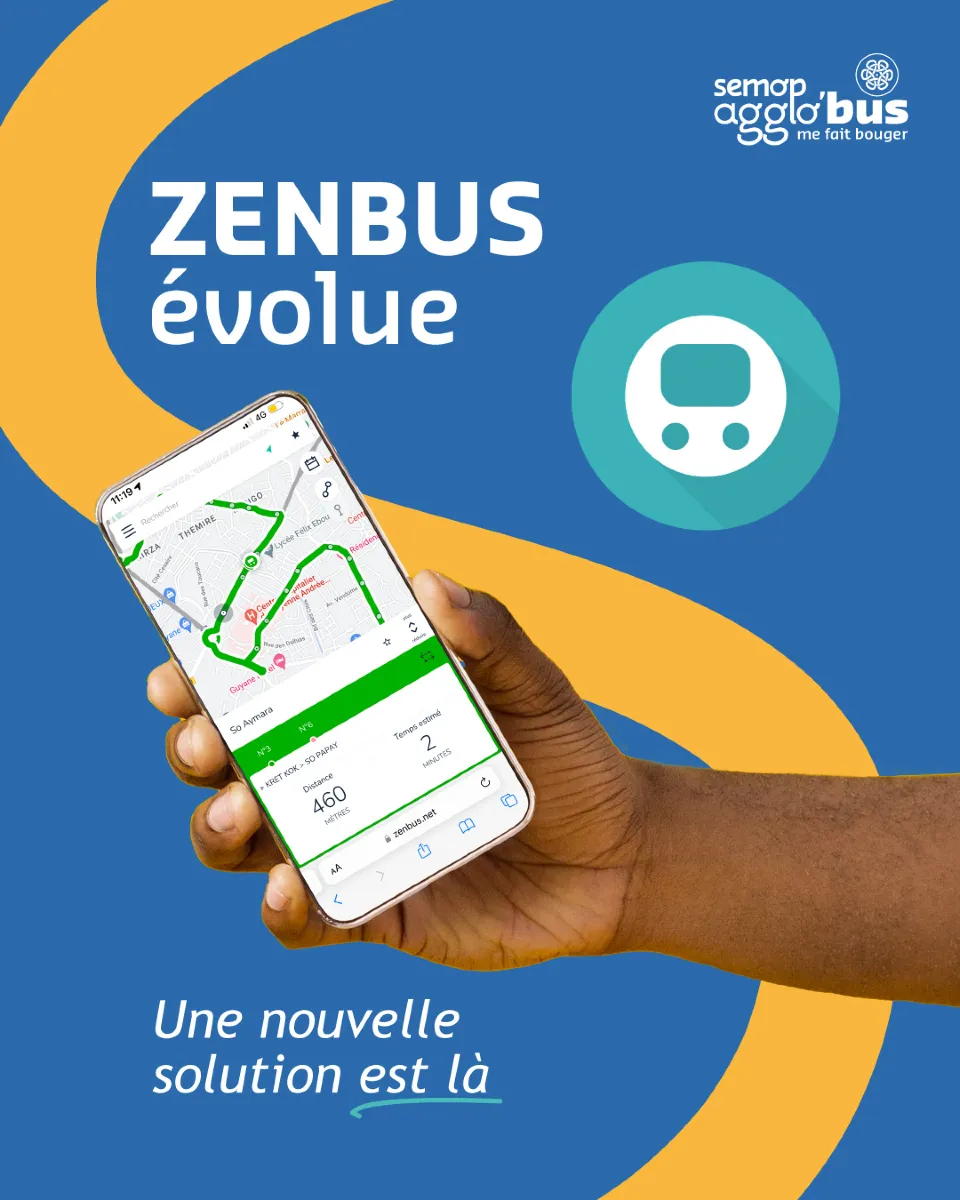 Visuel « ZENBUS évolue, une nouvelle solution est là » : une main tient un téléphone qui affiche le suivi des bus en temps réel.