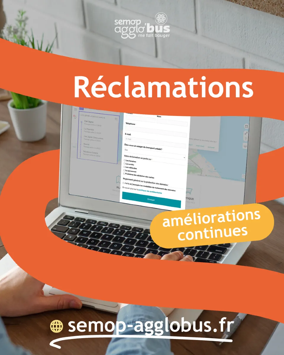 Visuel « Réclamations, améliorations continues » : un ordinateur portable affiche le formulaire de réclamation en ligne.