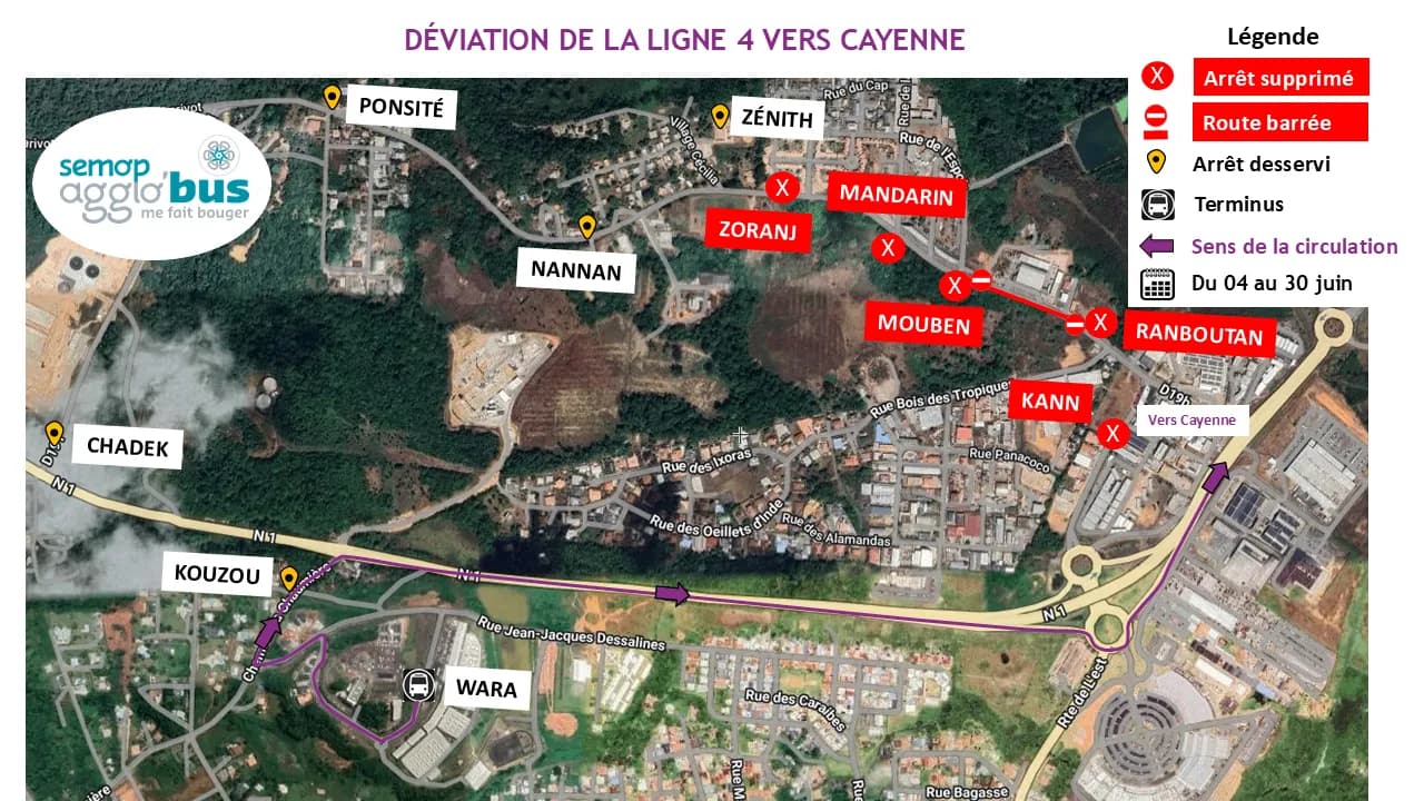 Plan de la déviation de la ligne 4 vers Cayenne du 4 au 30 juin : arrêts Zoranj, Mandarin, Mouben, Ranboutan et Kann supprimés, passage par la RN1.