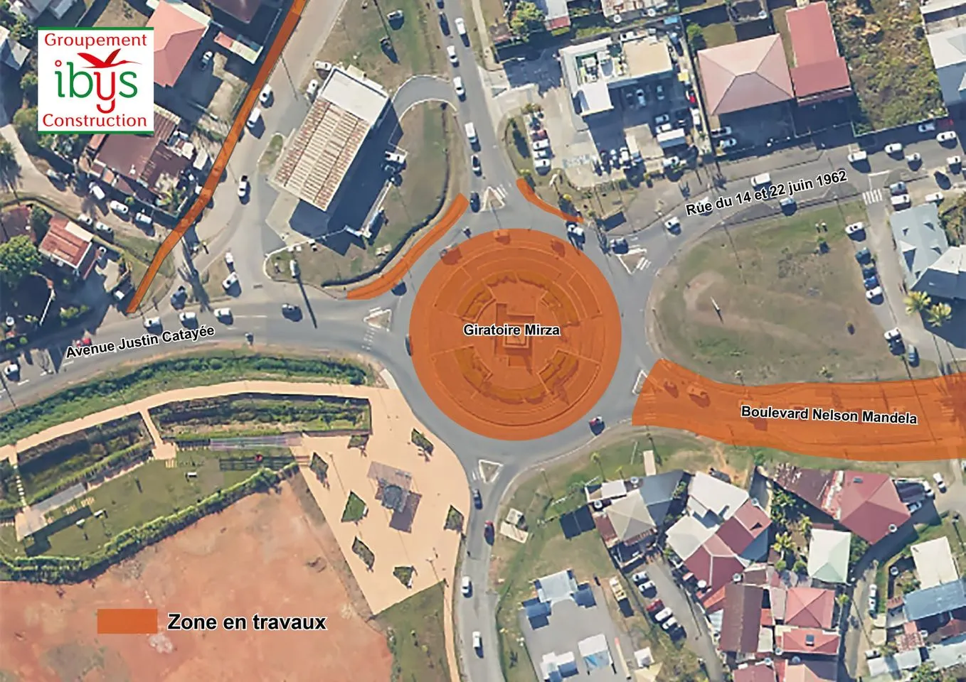 Vue aérienne du giratoire Mirza et du boulevard Nelson Mandela : zones en travaux signalées en orange.