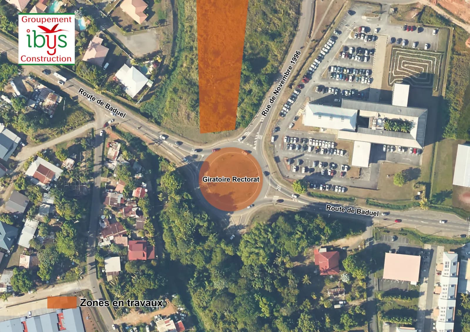 Vue aérienne du giratoire du Rectorat et de la route de Baduel : zones en travaux signalées en orange.