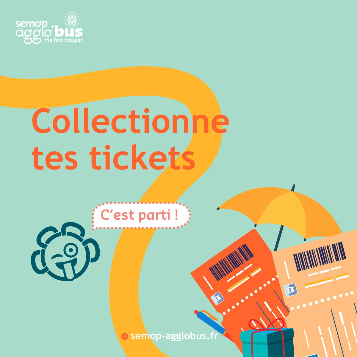 Visuel « Collectionne tes tickets, c’est parti ! » : tickets de bus, cadeau et parasol illustrés.