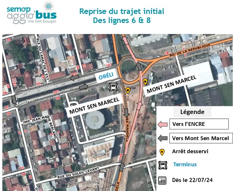 Plan de la reprise du trajet initial des lignes 6 et 8 autour du giratoire Mirza : terminus à l’arrêt Oréli, arrêts Mont Sen Marcel desservis.