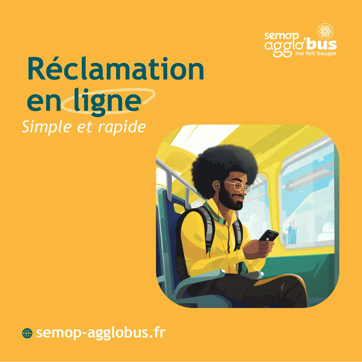 Visuel « Réclamation en ligne, simple et rapide » : illustration d’un voyageur assis dans un bus, téléphone en main.