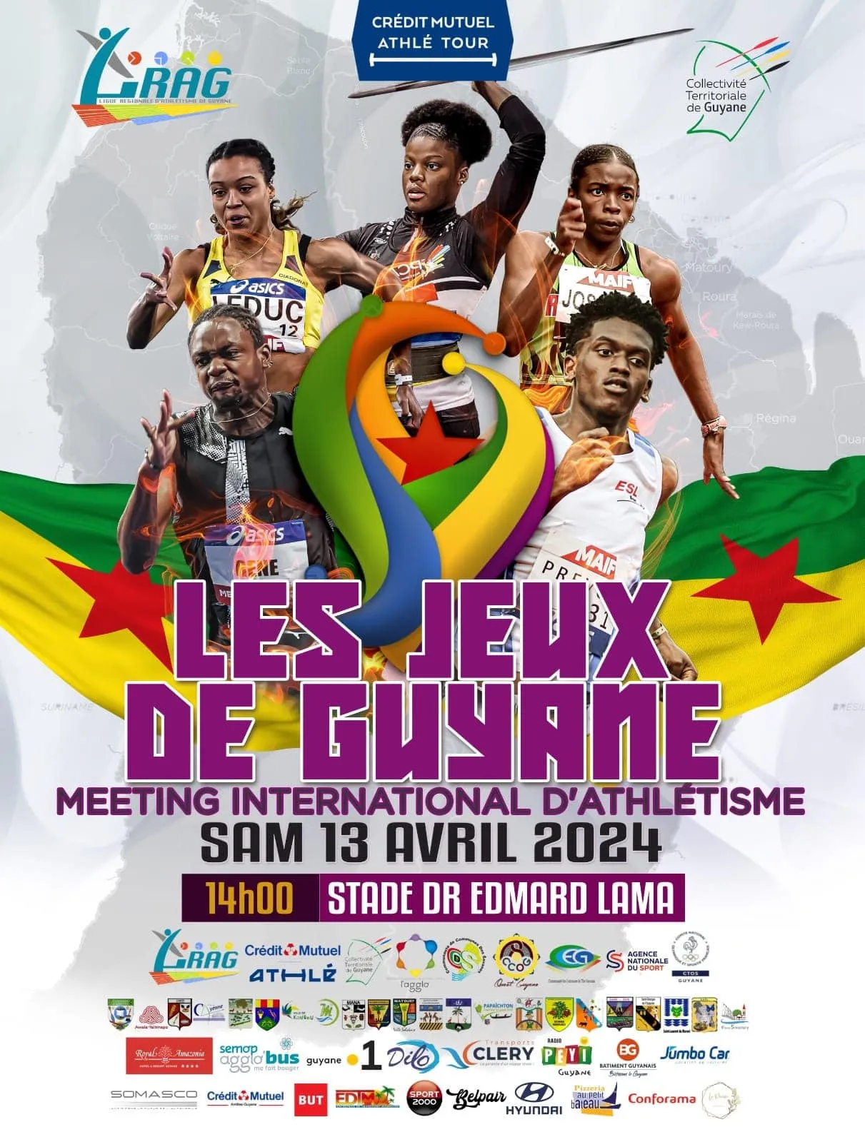 Affiche des Jeux de Guyane, meeting international d’athlétisme, samedi 13 avril 2024 à 14h au stade Dr Edmard Lama, avec les logos des partenaires.