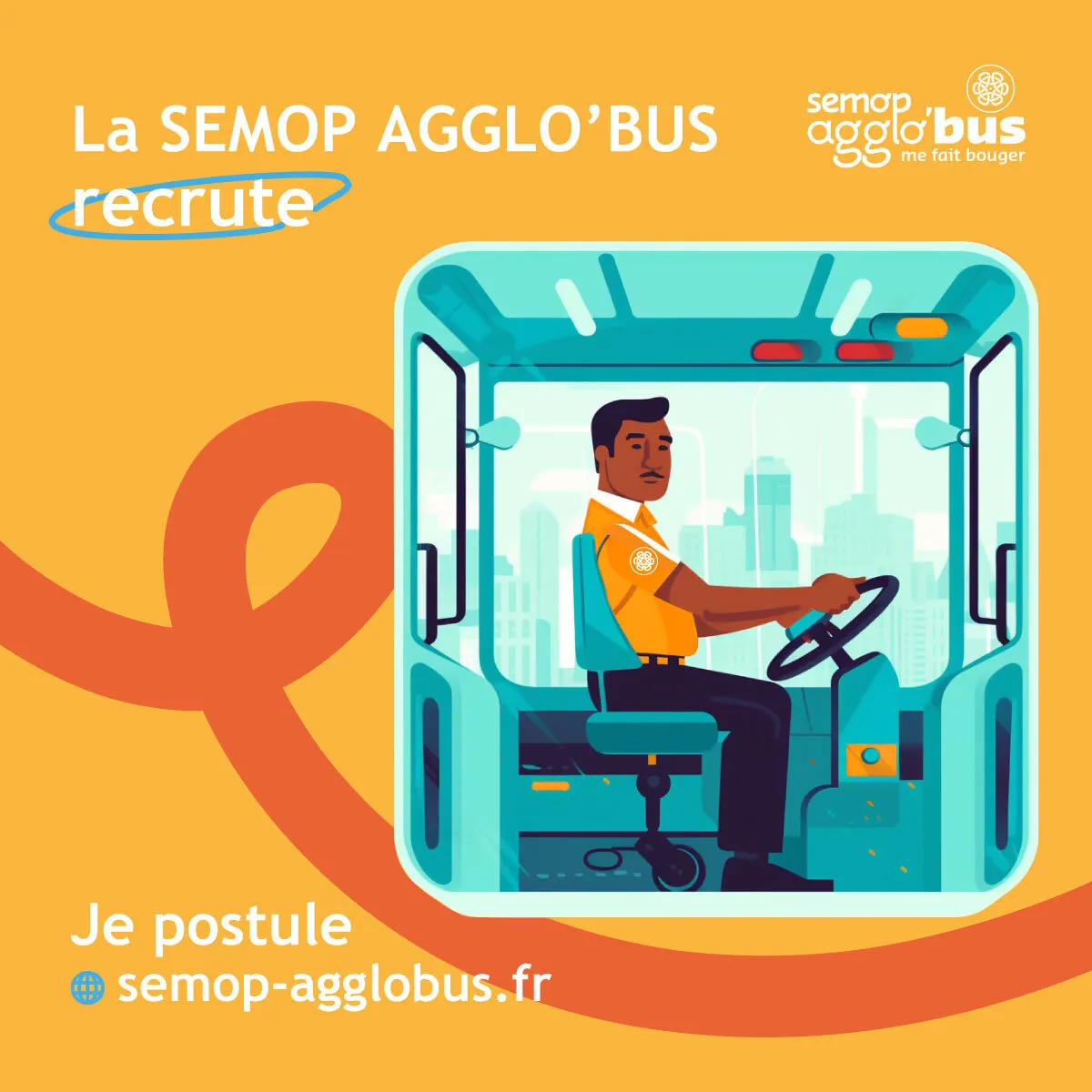 Affiche de recrutement « Je postule » : illustration d’un conducteur au volant d’un bus.