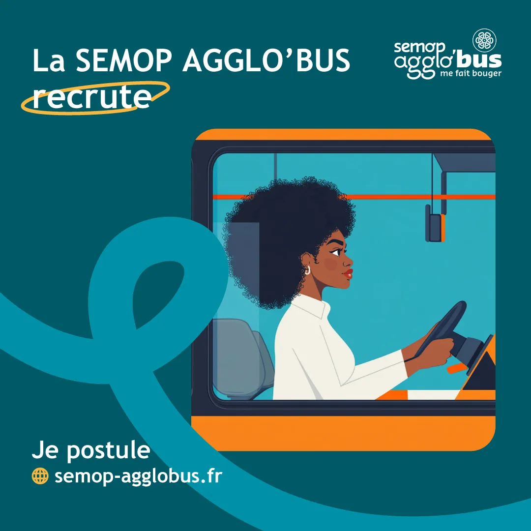 Affiche de recrutement « Je postule » : illustration d’une conductrice au volant d’un bus.