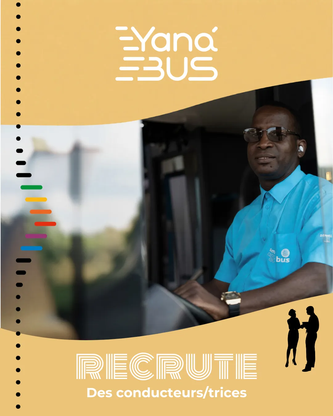 Affiche « Yana'BUS recrute des conducteurs/trices » : un conducteur souriant au volant d’un bus.